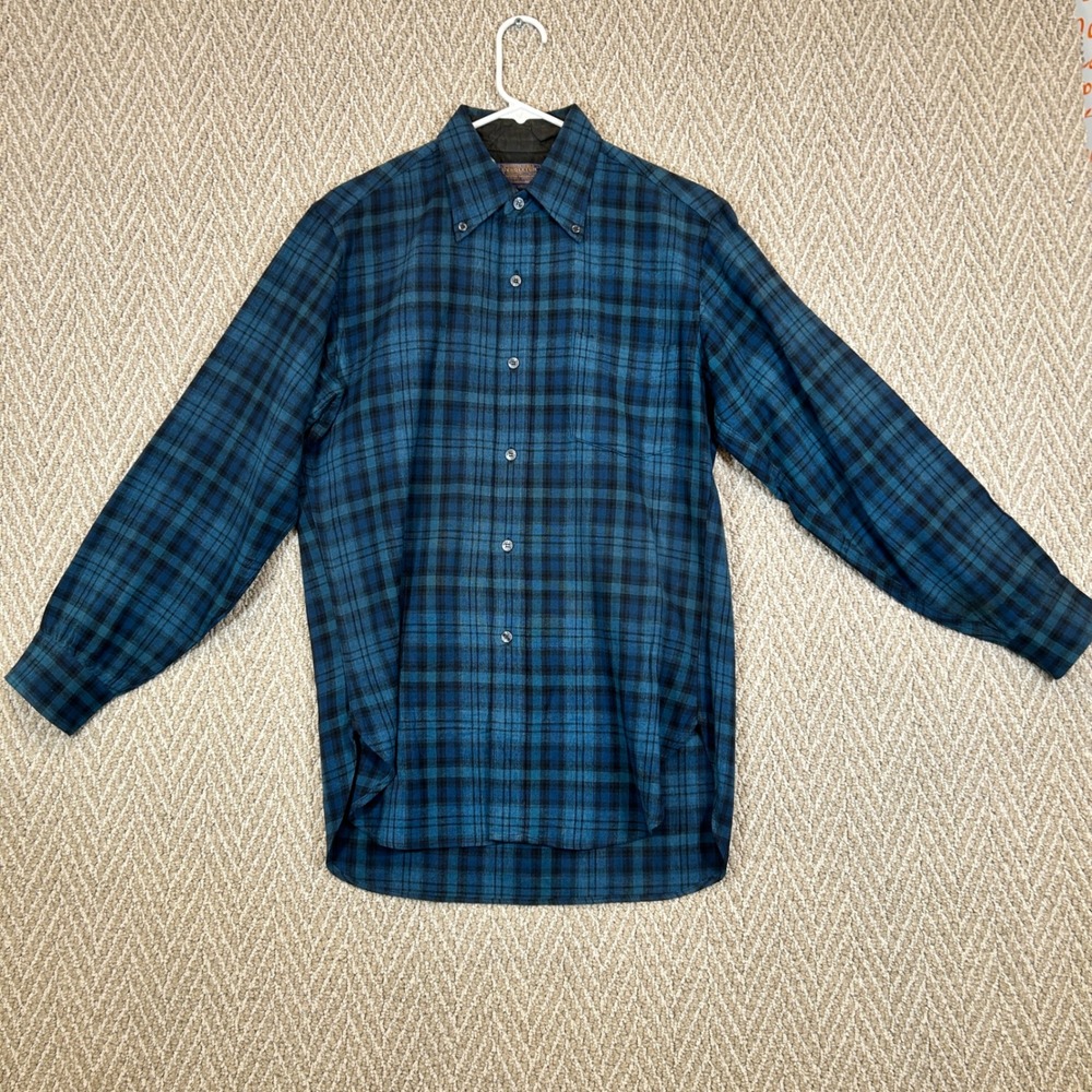 Vtg Pendleton Wool Plaid Shirt Mens Medium Blue Black Button Down Long Sleeve